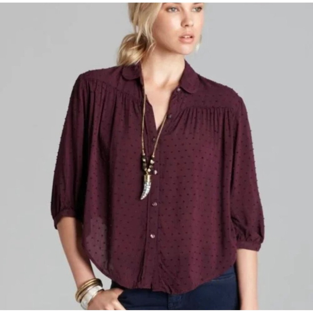 Free People Swiss Dot Dobby Button Down Top S Plum Purple 3/4 Sleeve Boho Blouse
